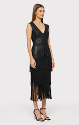 V NECK FOIL FRINGE MIDI DRESS