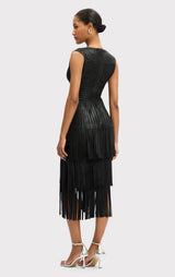 V NECK FOIL FRINGE MIDI DRESS