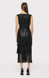 V NECK FOIL FRINGE MIDI DRESS