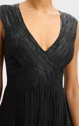 V NECK FOIL FRINGE MIDI DRESS