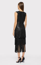 V NECK FOIL FRINGE MIDI DRESS