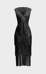 V NECK FOIL FRINGE MIDI DRESS