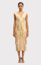 V NECK FOIL FRINGE MIDI DRESS