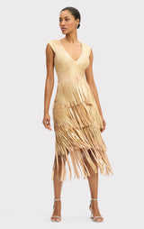V NECK FOIL FRINGE MIDI DRESS