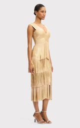 V NECK FOIL FRINGE MIDI DRESS