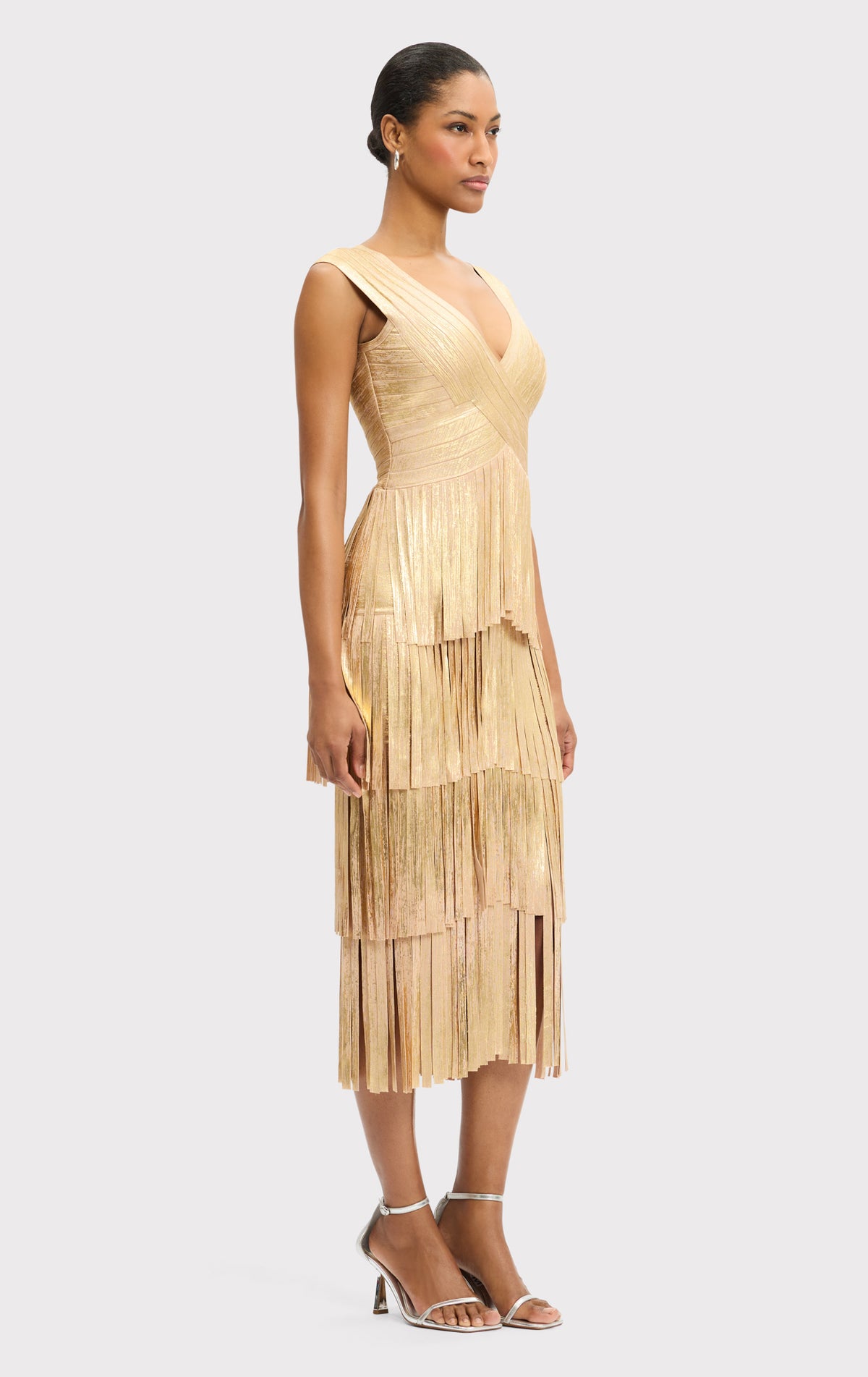V NECK FOIL FRINGE MIDI DRESS  HERV LGER