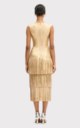 V NECK FOIL FRINGE MIDI DRESS