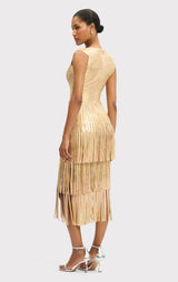 V NECK FOIL FRINGE MIDI DRESS
