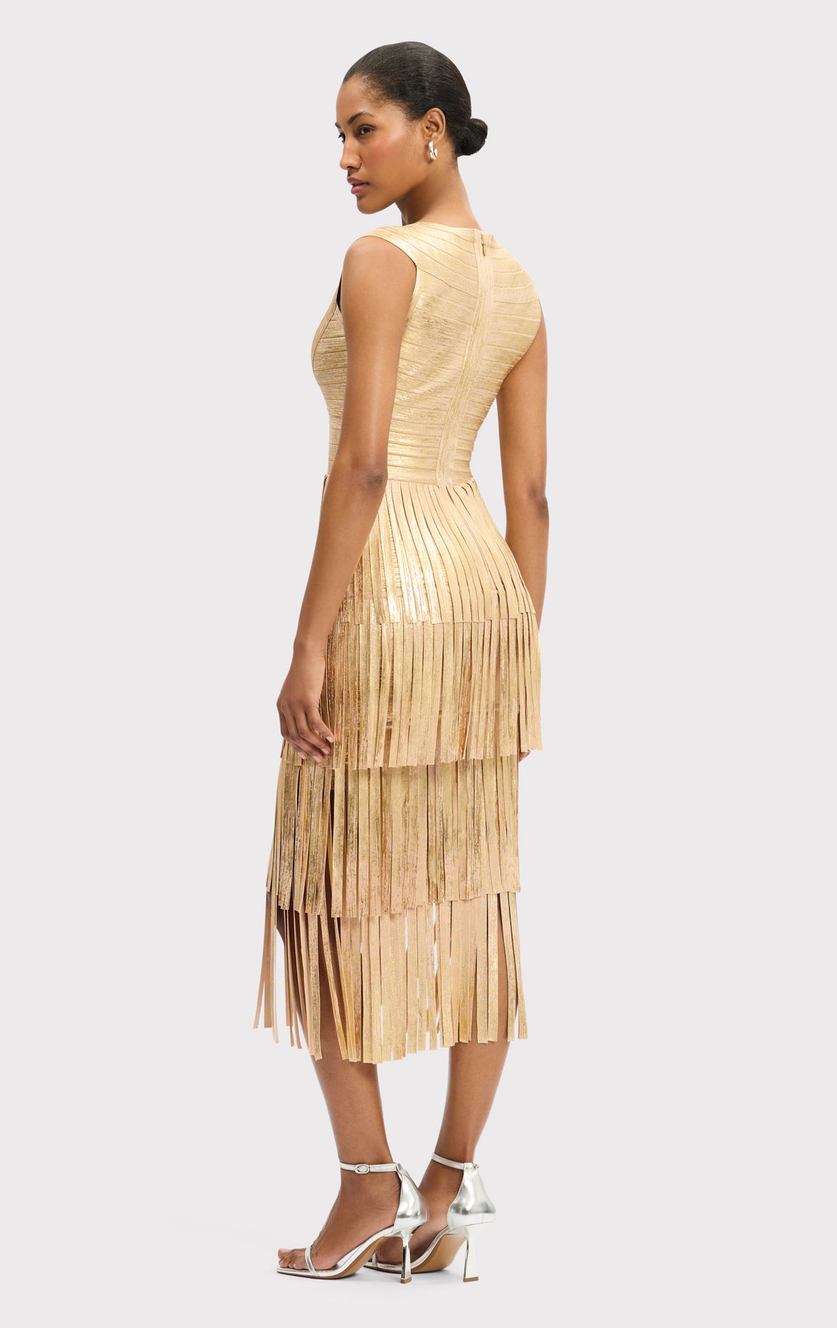 V NECK FOIL FRINGE MIDI DRESS  HERV LGER