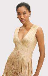 V NECK FOIL FRINGE MIDI DRESS
