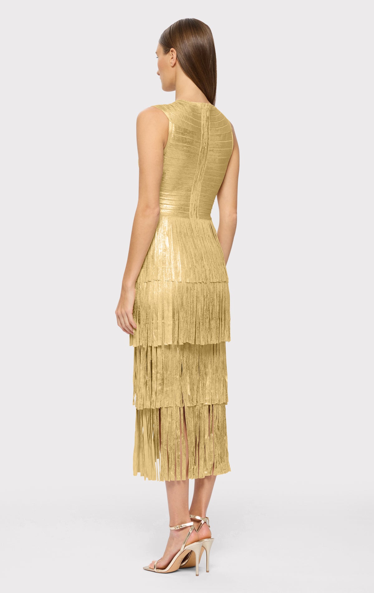 V NECK FOIL FRINGE MIDI DRESS HERVE LEGER