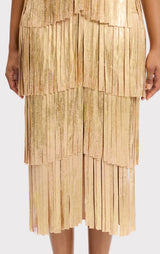 V NECK FOIL FRINGE MIDI DRESS