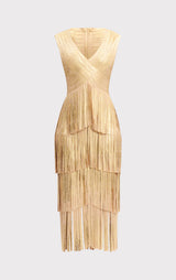 V NECK FOIL FRINGE MIDI DRESS