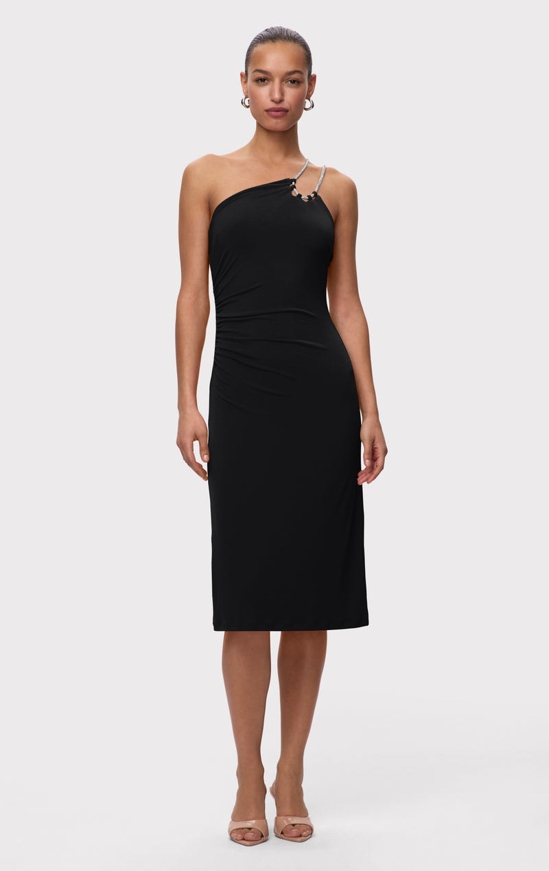 STRAPPY JERSEY MIDI DRESS W CRYSTAL TRIM