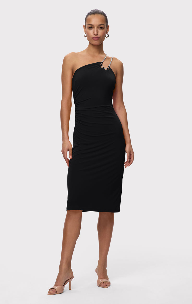 STRAPPY JERSEY MIDI DRESS W CRYSTAL TRIM