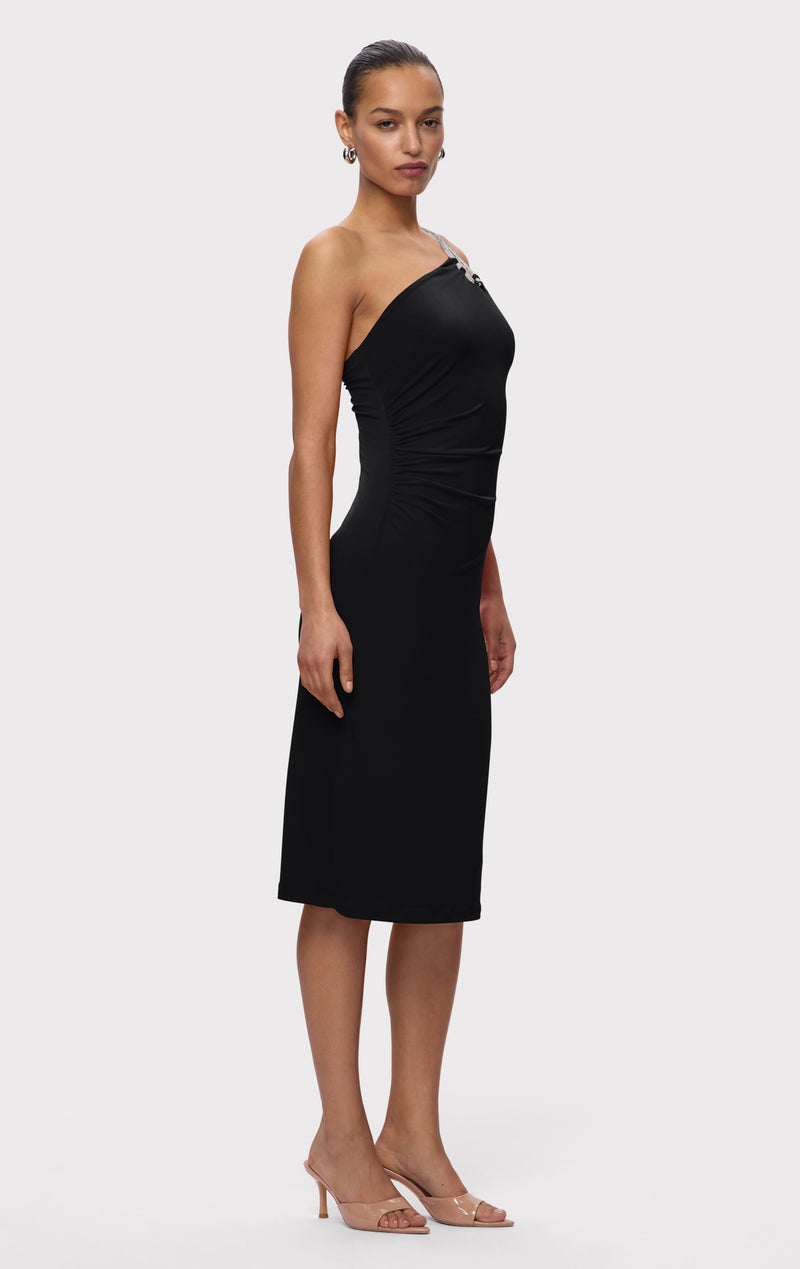 STRAPPY JERSEY MIDI DRESS W CRYSTAL TRIM