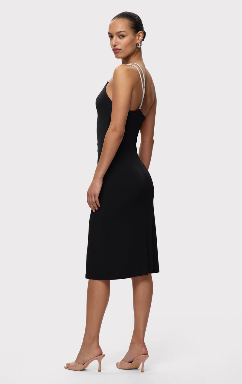 STRAPPY JERSEY MIDI DRESS W CRYSTAL TRIM