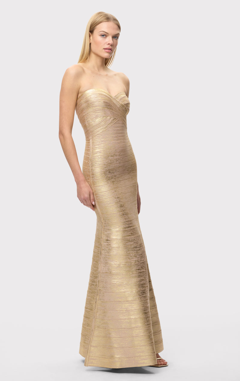 gold herve leger bandage dress The Metallic Sara Gown Foil / XS The metallic gold foil Baby Girl Fall Girl colorful formal dresses Size (Women's EURO):41 (US 10.5)