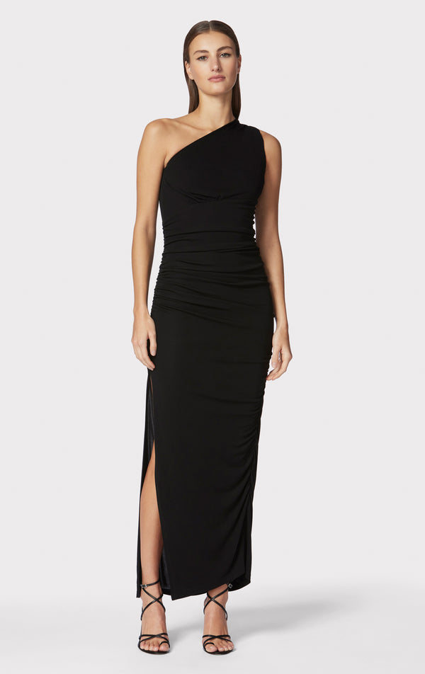 RUCHED JERSEY ONE SHOULDER MIDI DRESS
