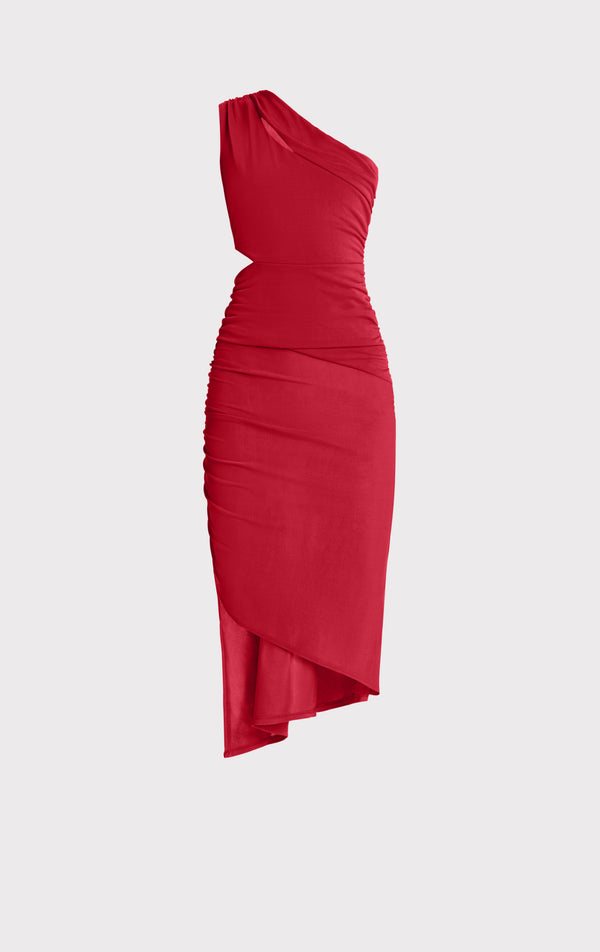 RUCHED JERSEY ONE SHOULDER MIDI DRESS