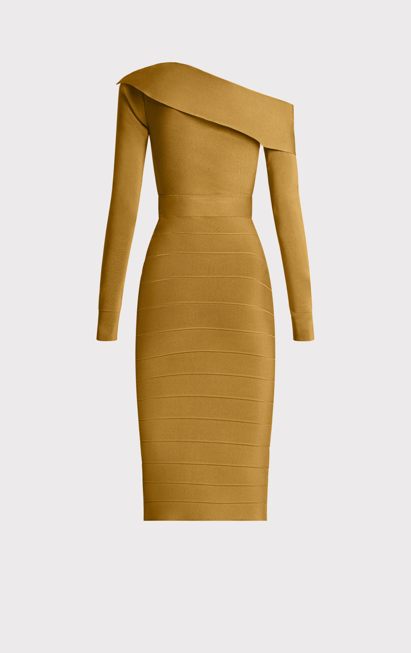 BANDAGE OFF THE SHOULDER MIDI DRESS