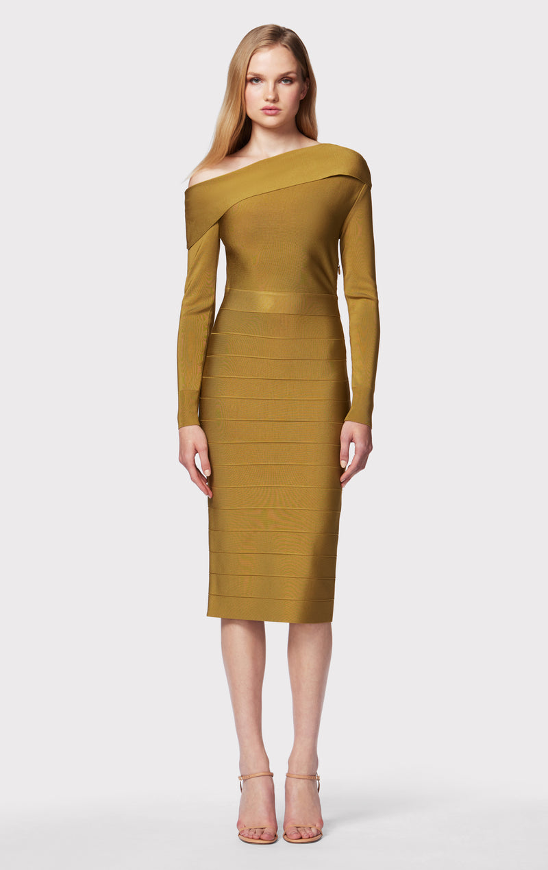 BANDAGE OFF THE SHOULDER MIDI DRESS