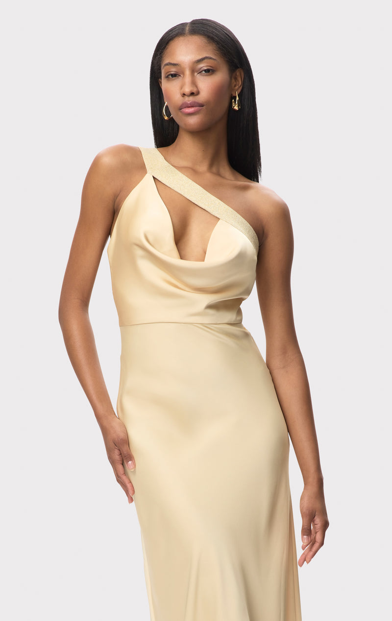 herve leger gold one shoulder dress Herve Leger One-Shoulder Gown With Gold Hardware - Storm