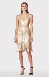 V NECK FOIL FRINGED MIDI DRESS