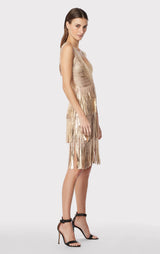 V NECK FOIL FRINGED MIDI DRESS