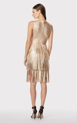 V NECK FOIL FRINGED MIDI DRESS