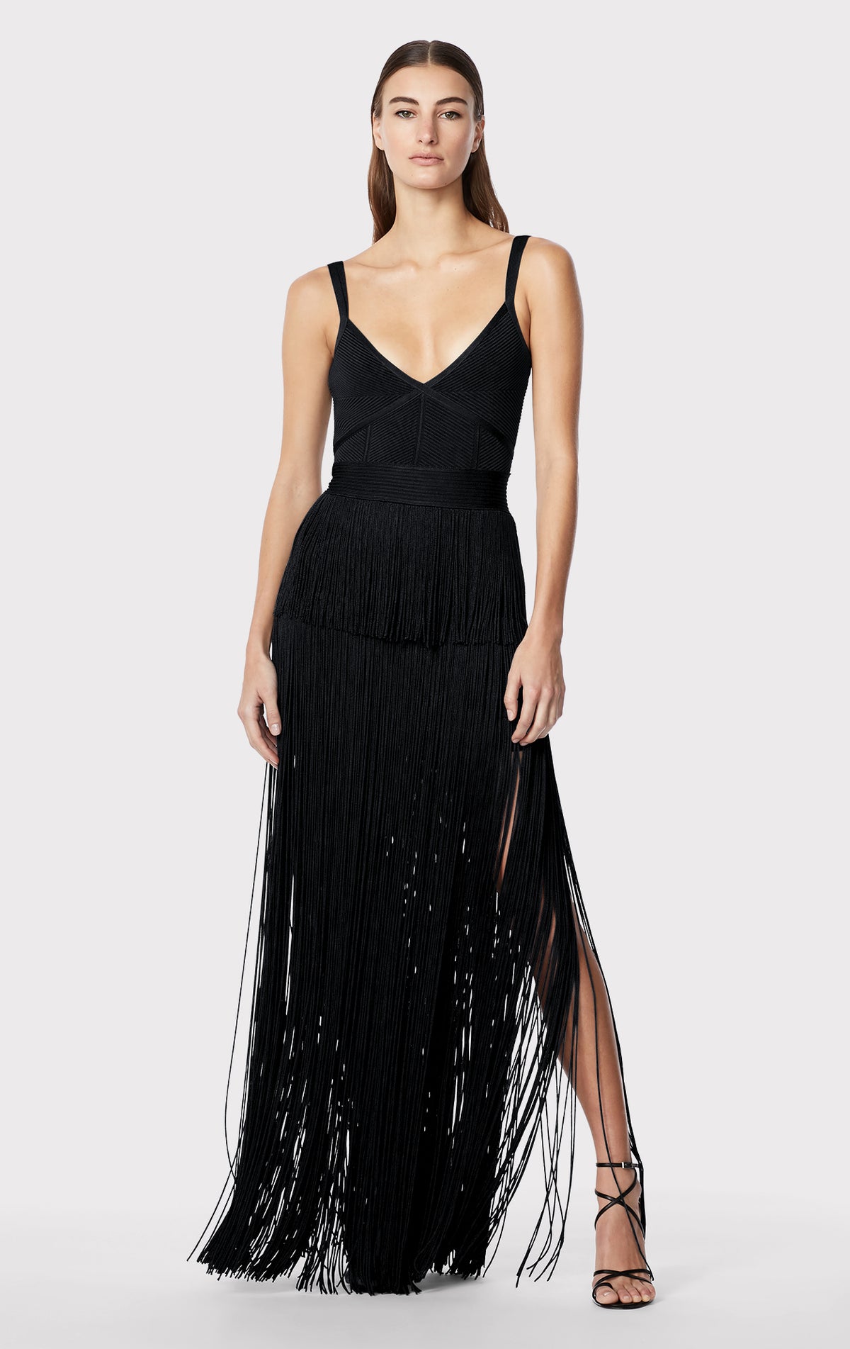 Strappy Ottoman Fringe Gown - Black, XL, by Herve Leger Strappy Ottoman Fringe Gown - Black, XL, by Herve Leger