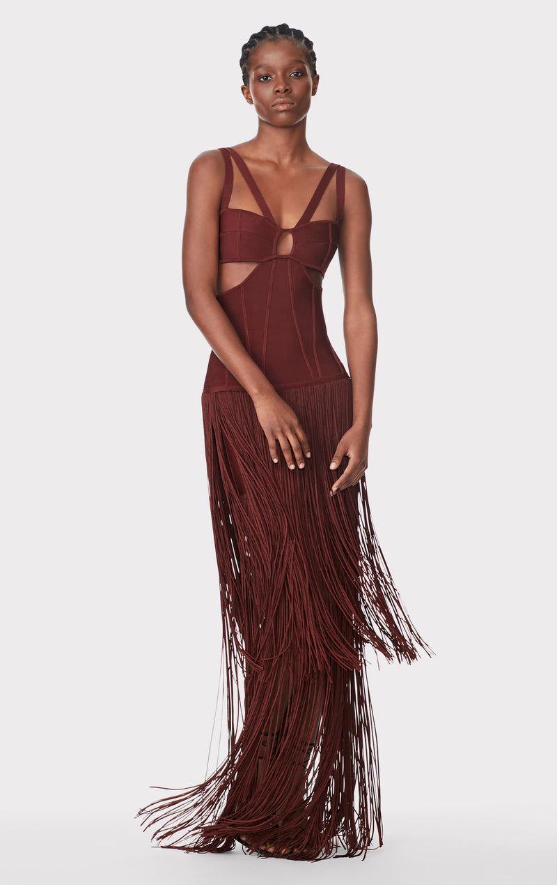 STRAPPY FRINGE GOWN WITH CUT OUT