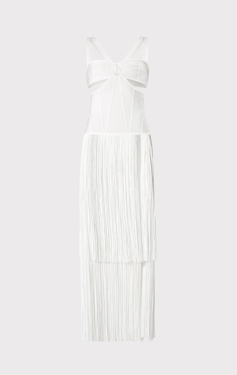 STRAPPY FRINGE GOWN WITH CUT OUT – HERVÉ LÉGER
