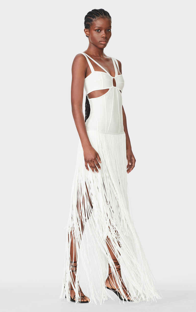STRAPPY FRINGE GOWN WITH CUT OUT