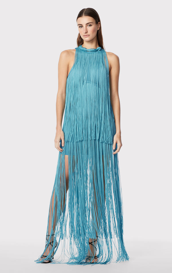 RACER SHEER FRINGE GOWN