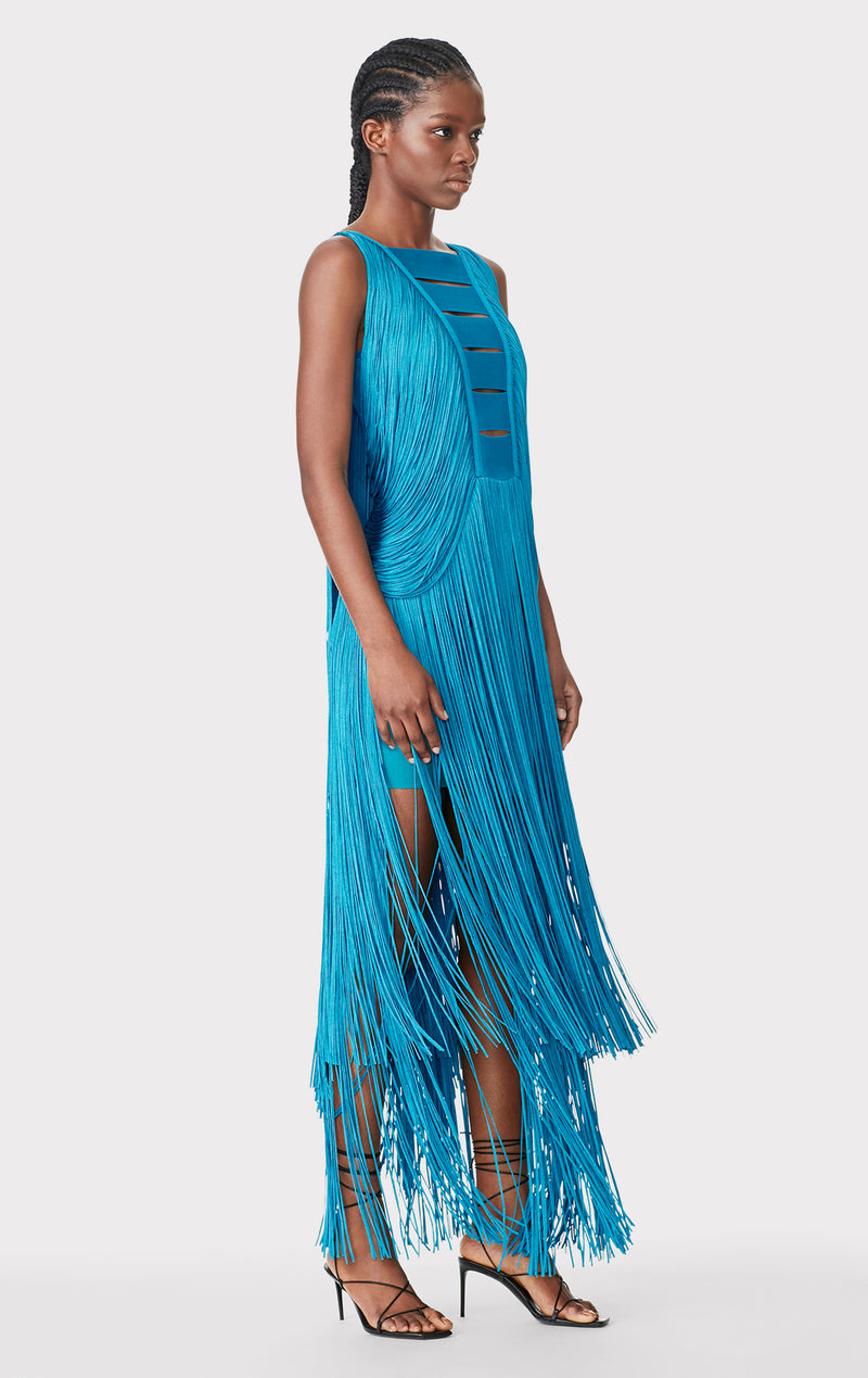DRAPED FRINGE PLUNGING GOWN
