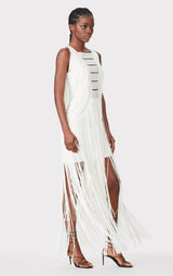 DRAPED FRINGE PLUNGING GOWN