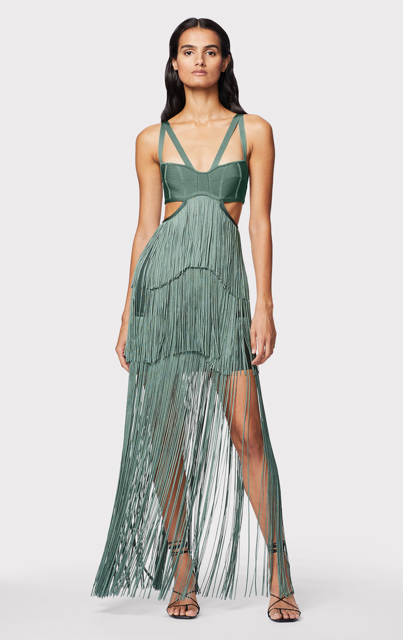 STRAPPY TIERED FRINGE GOWN