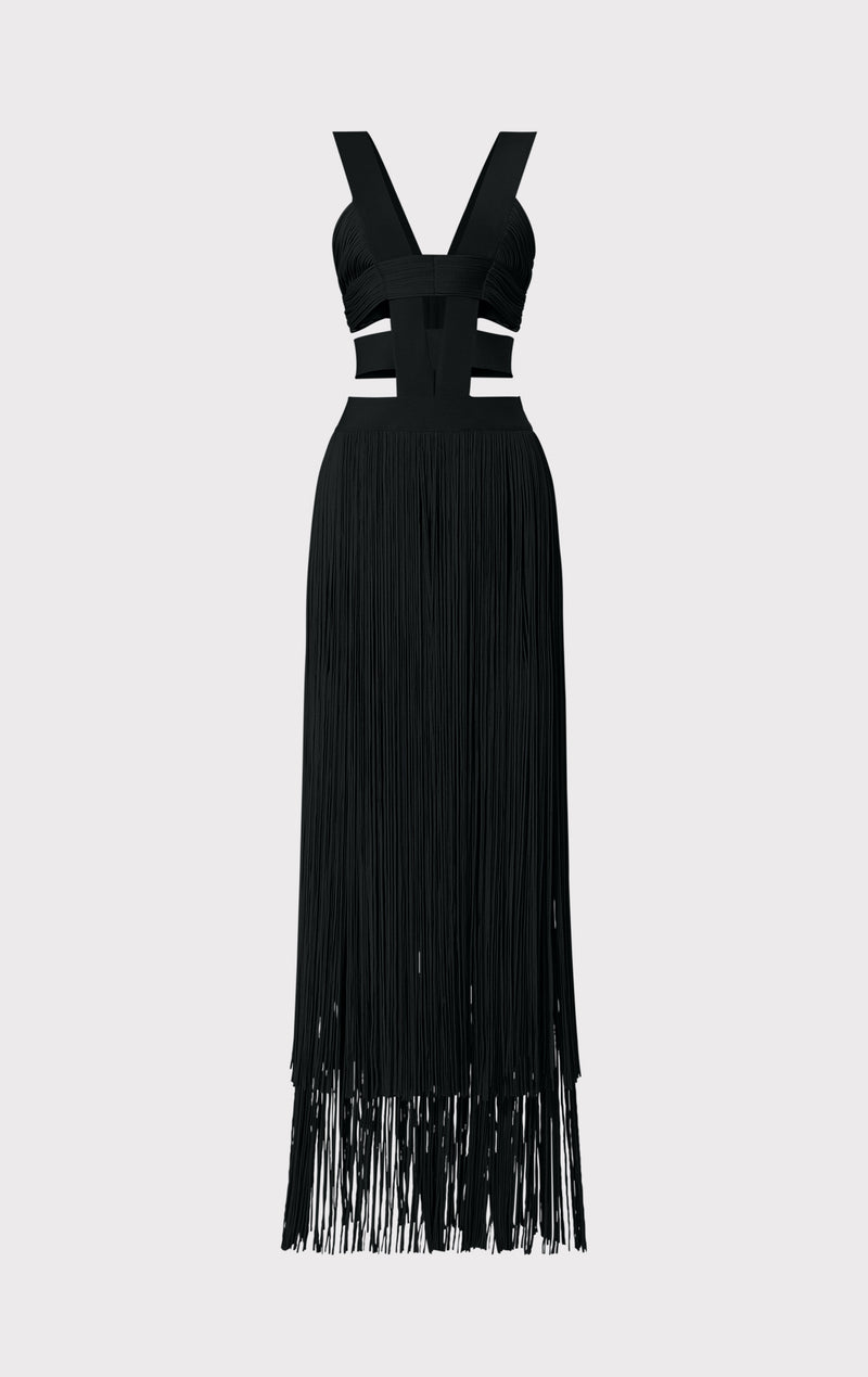 LOW WAIST BANDED FRINGE GOWN