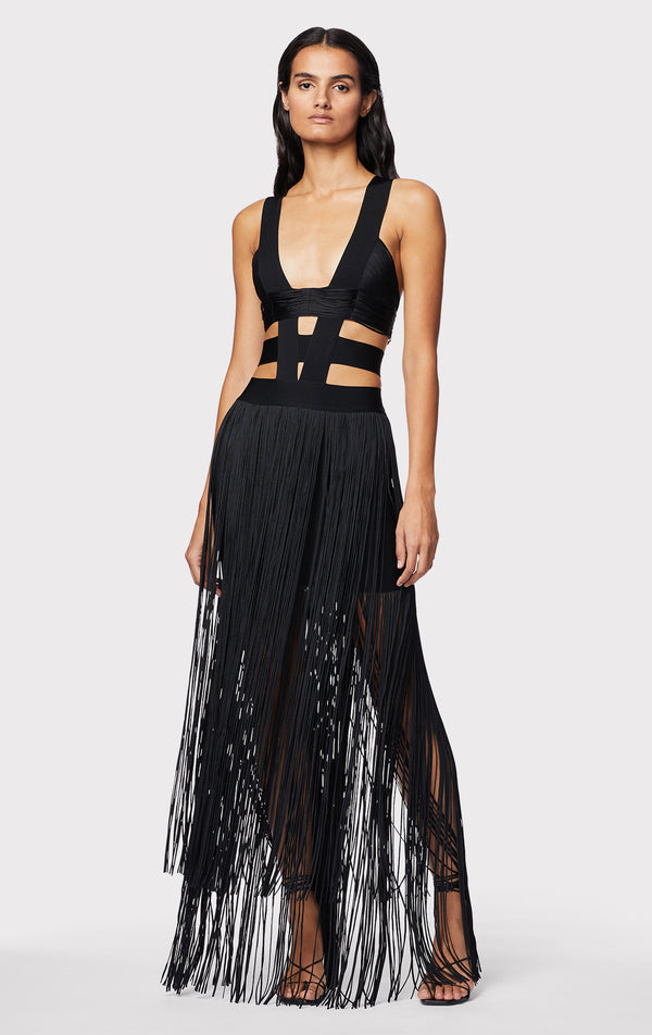 LOW WAIST BANDED FRINGE GOWN