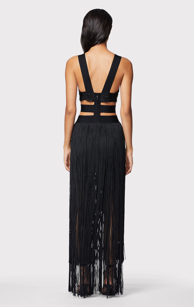 LOW WAIST BANDED FRINGE GOWN