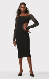 HERVÉ LÉGER X LAW ROACH SHEER LAYERED CUTOUT MIDI DRESS