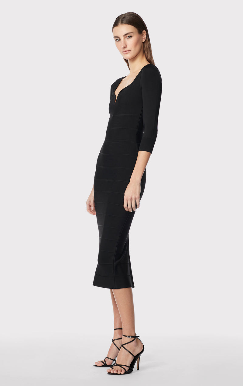 herve leger sweetheart flare dress FOIL STRAPPY SWEETHEART MIDI DRESS HERV LGER