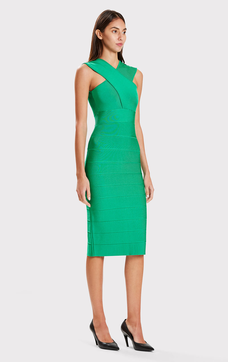 draped cross neck midi dress