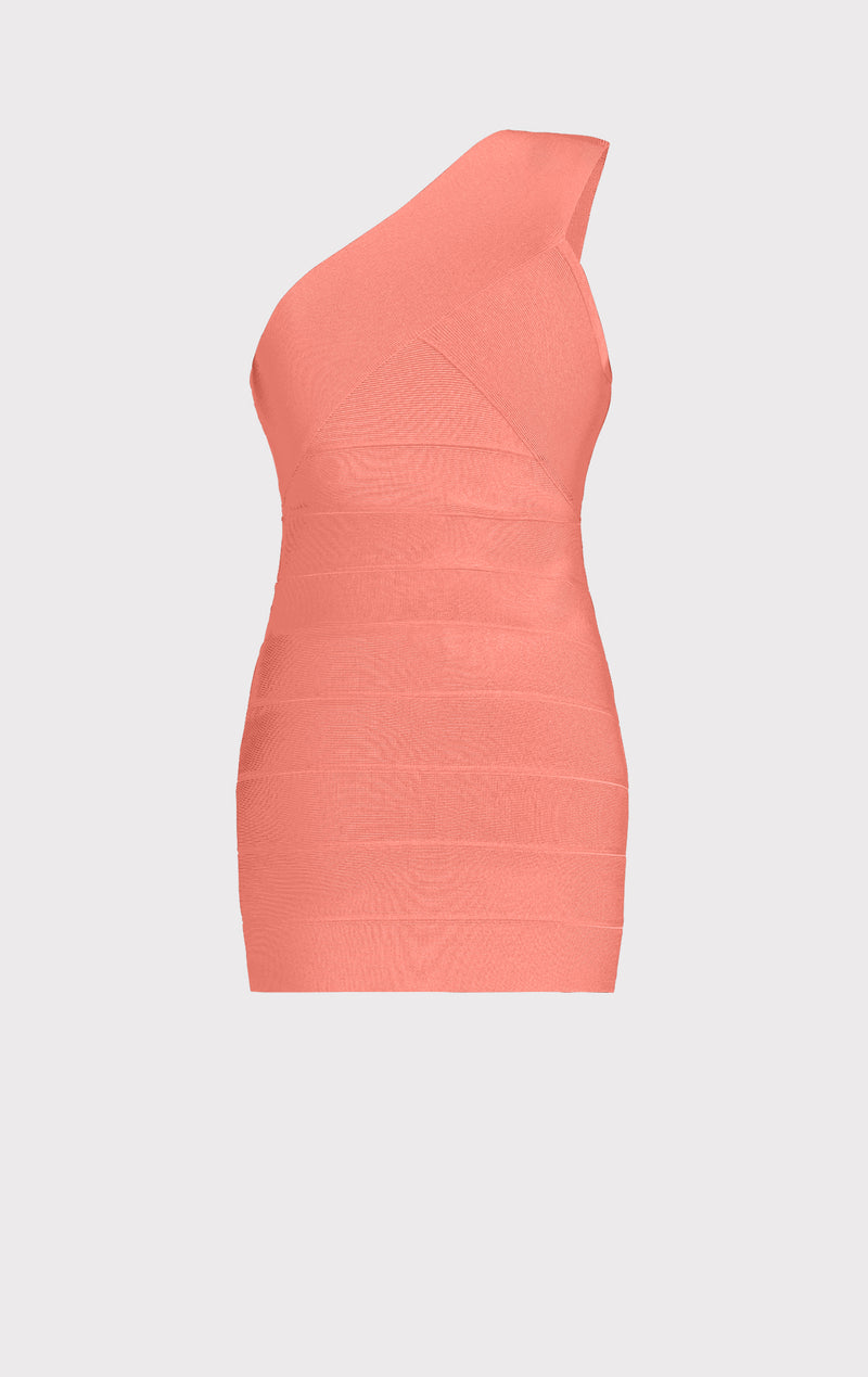 Dressed in a peach body con Herve Leger bandage dress with fringe