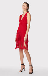 V NECK FRINGED MIDI DRESS