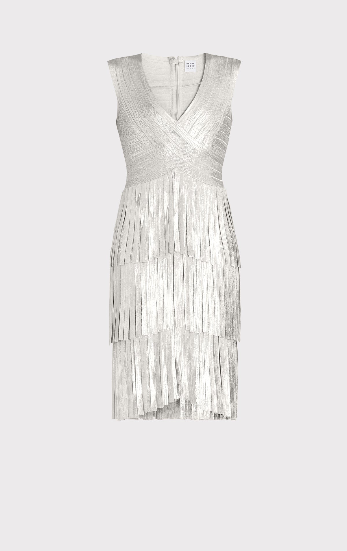 V NECK FOIL FRINGED MIDI DRESS HERVE LEGER