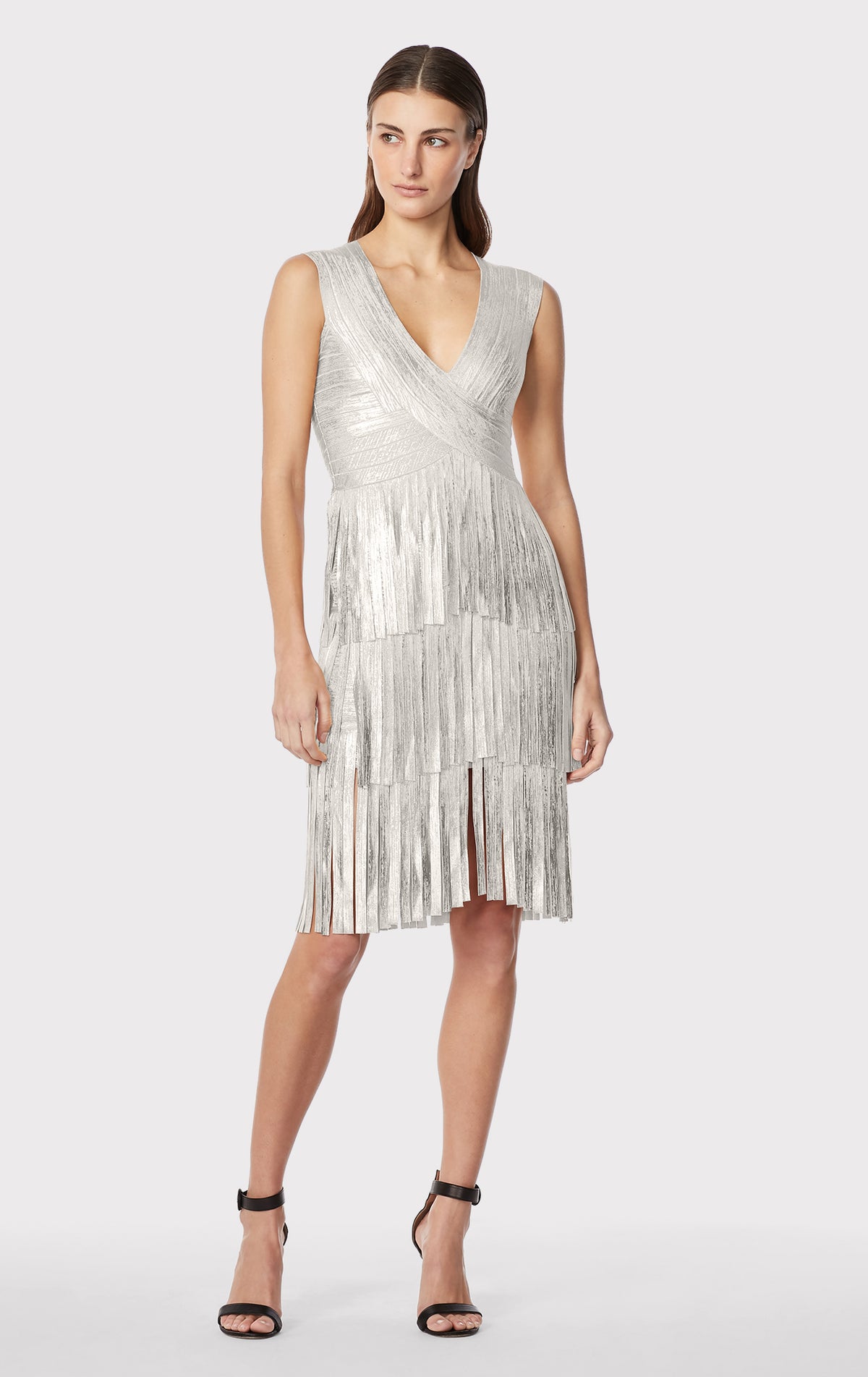 V Neck Metallic Fringe Clothing Herve Leger V NECK FOIL Fringed MIDI Dress XXS Silver V Neck Metallic Fringe Clothing Herve Leger V NECK FOIL Fringed MIDI Dress XXS Silver