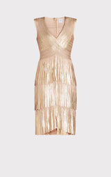 V NECK FOIL FRINGED MIDI DRESS