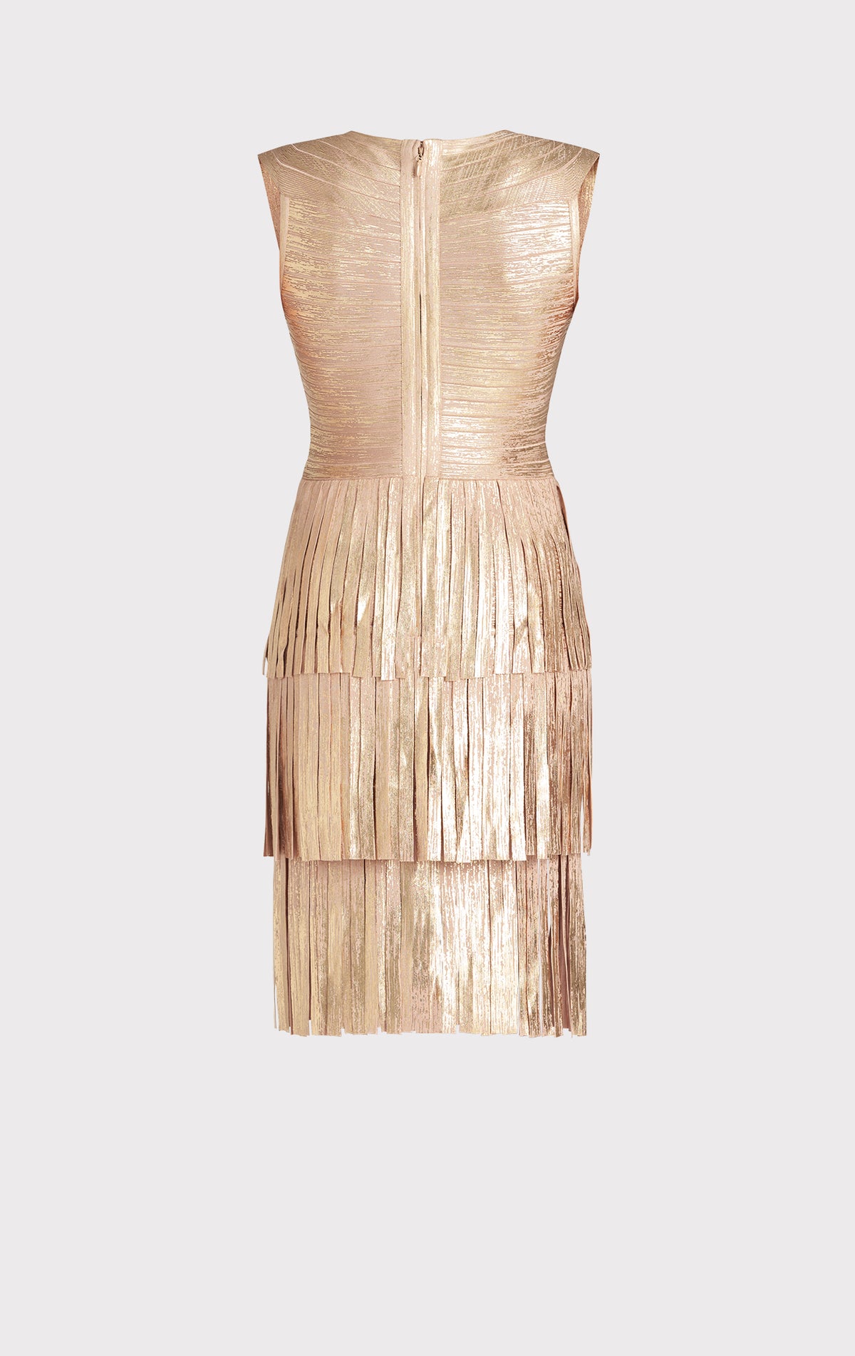 V NECK FOIL FRINGED MIDI DRESS – HERVÉ LÉGER
